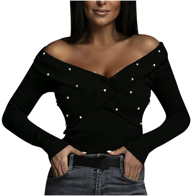Women`s Casual Light Smooth One Shoulder Backless Solid Color Long Sleeve Polyester Top(Black,M)