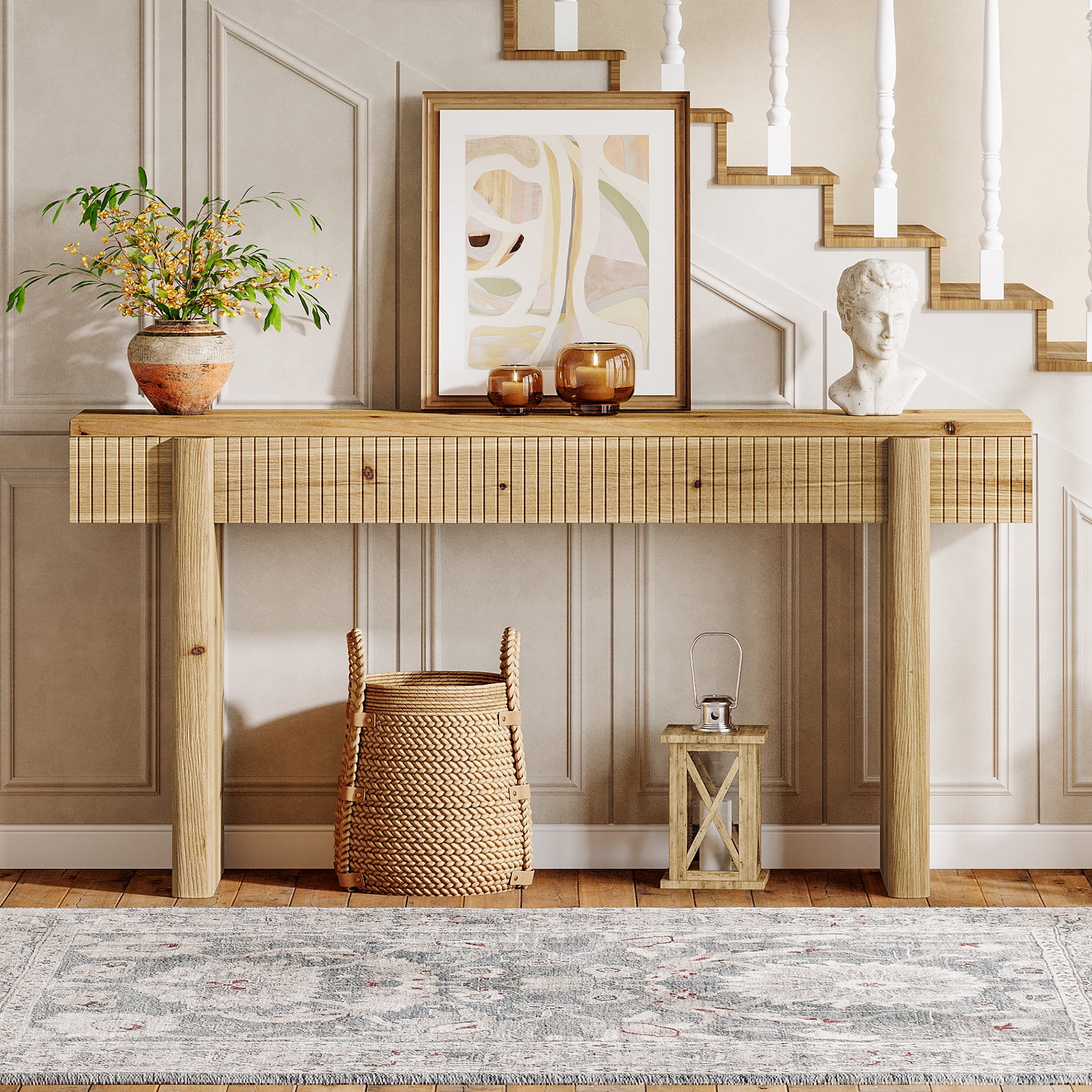Finmind 55-inch Solid Wood Console Table, Farmhouse Entryway Table, Rectangular Sofa Console with Fluted Top, for Living Room, Hallway, Natural Brown