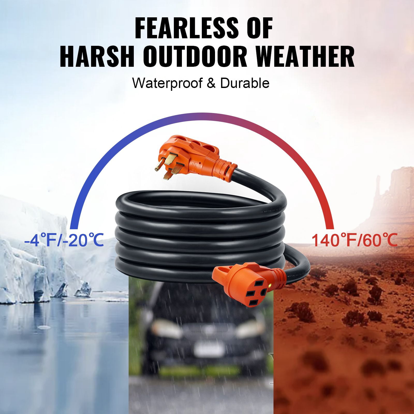 Dranite 15ft 50 Amp Heavy Duty STW RV Extension Cord with LED Handle, NEMA 14-50P to 14-50R, Includes 15A Adapter, ETL Listed for RVs, Campers, Generators