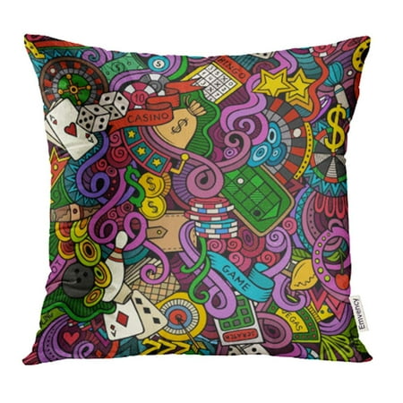 YWOTA Vegas Cartoon Doodles on the Subject of Casino Style Color Coins Poker Bar Bet Bingo Pillow Cases Cushion Cover 18x18