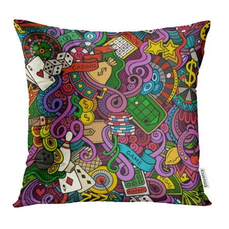 Vegas Coin - YWOTA Vegas Cartoon Doodles on the Subject of Casino Style Color Coins Poker Bar Bet Bingo Pillow Cases Cushion Cover 18x18 inch