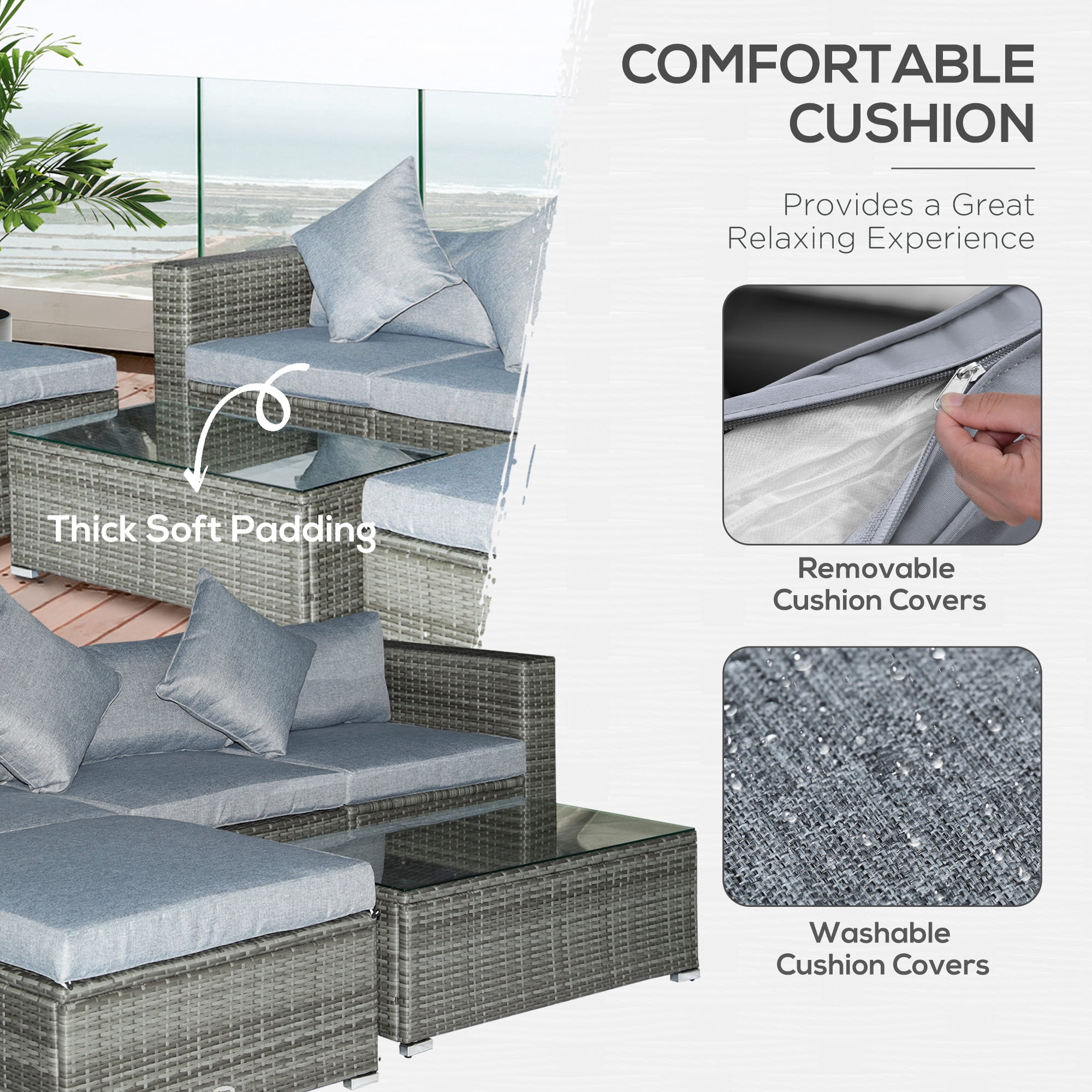 Outsunny 5pc Outdoor Wicker Furniture Set, Table, 3 Seats, Light Gray