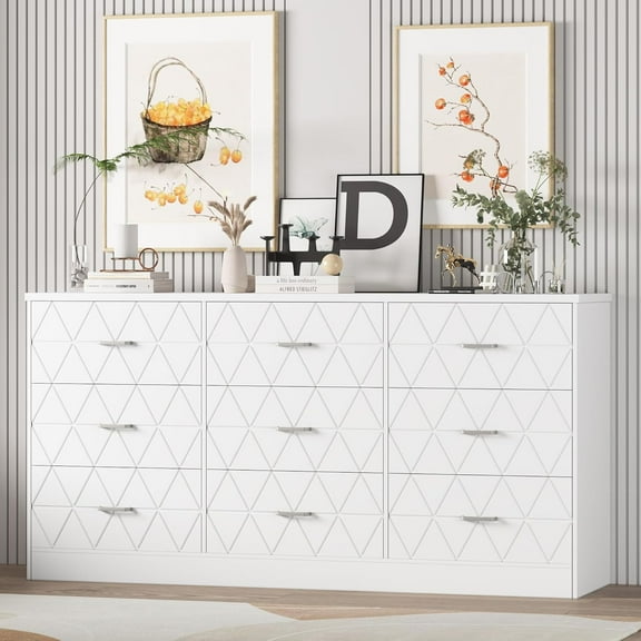 9 Drawer Dresser, 63 in Dresser for Bedroom with Power Outlet, Modern Drawer for Hallway, Living Room, White