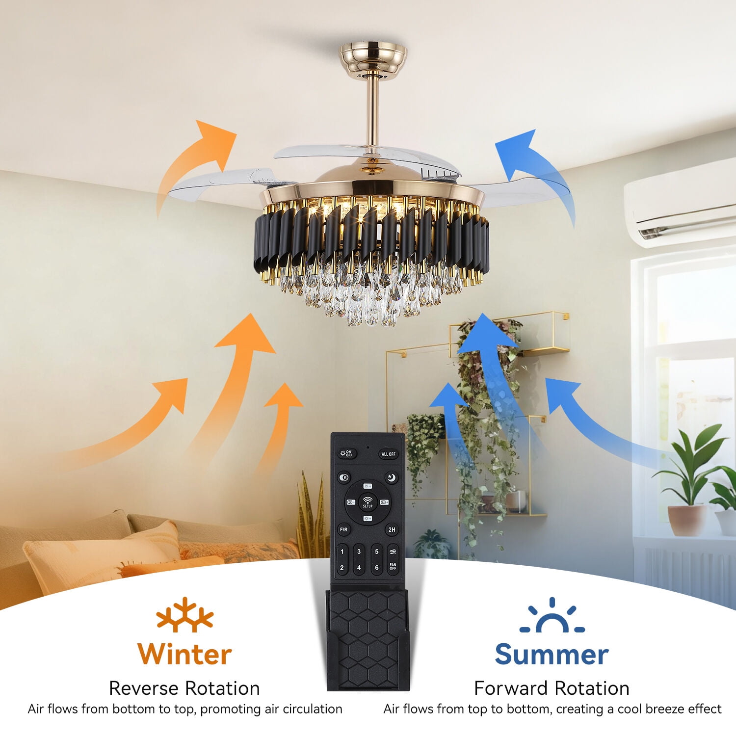 PHORUS 48" Invisible Crystal Ceiling Fan with Light, Quiet DC Motor 6-Speed Dimmable Fan with Remote Control, Retractable ABS Blades and Timer for Bedroom Living Room,Gold