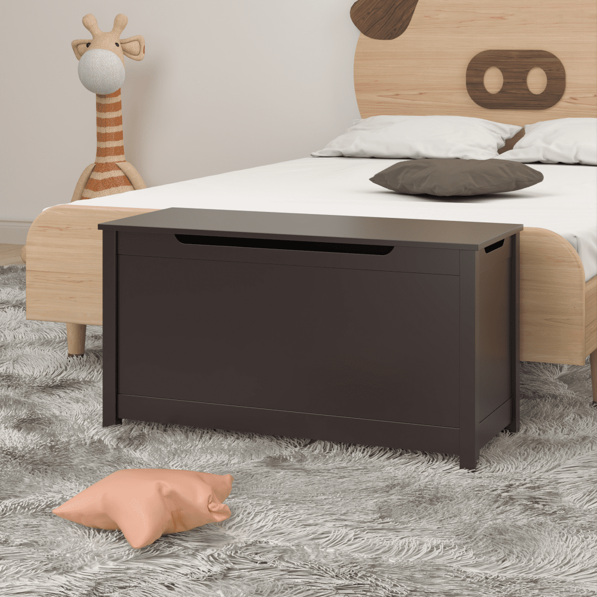 Kids Wooden Toy Box with Safety Hinged Lid - Coffee Color Storage Chest for Ages 2+