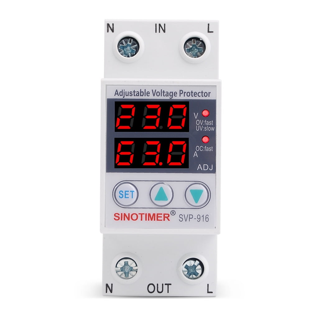 Adjustable Over and Under Voltage Protector,SVP-916 40A 63A 80A Over Under Voltage Protection Limit Current Dual Display Surge Protector Automatic Adjustable Voltage Relay