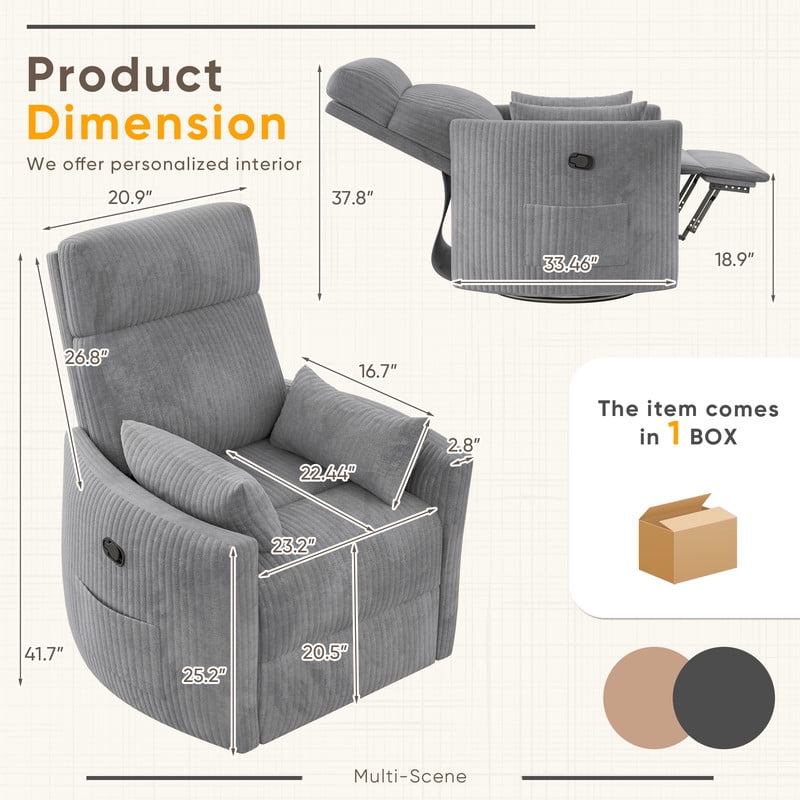 Homall 360° Swivel Nursery Recliner Power Swivel Rocker Recliner Chair with 2 Pillows Comfy High Back Adult Glider Rocker for Living Room,Corduroy Gray