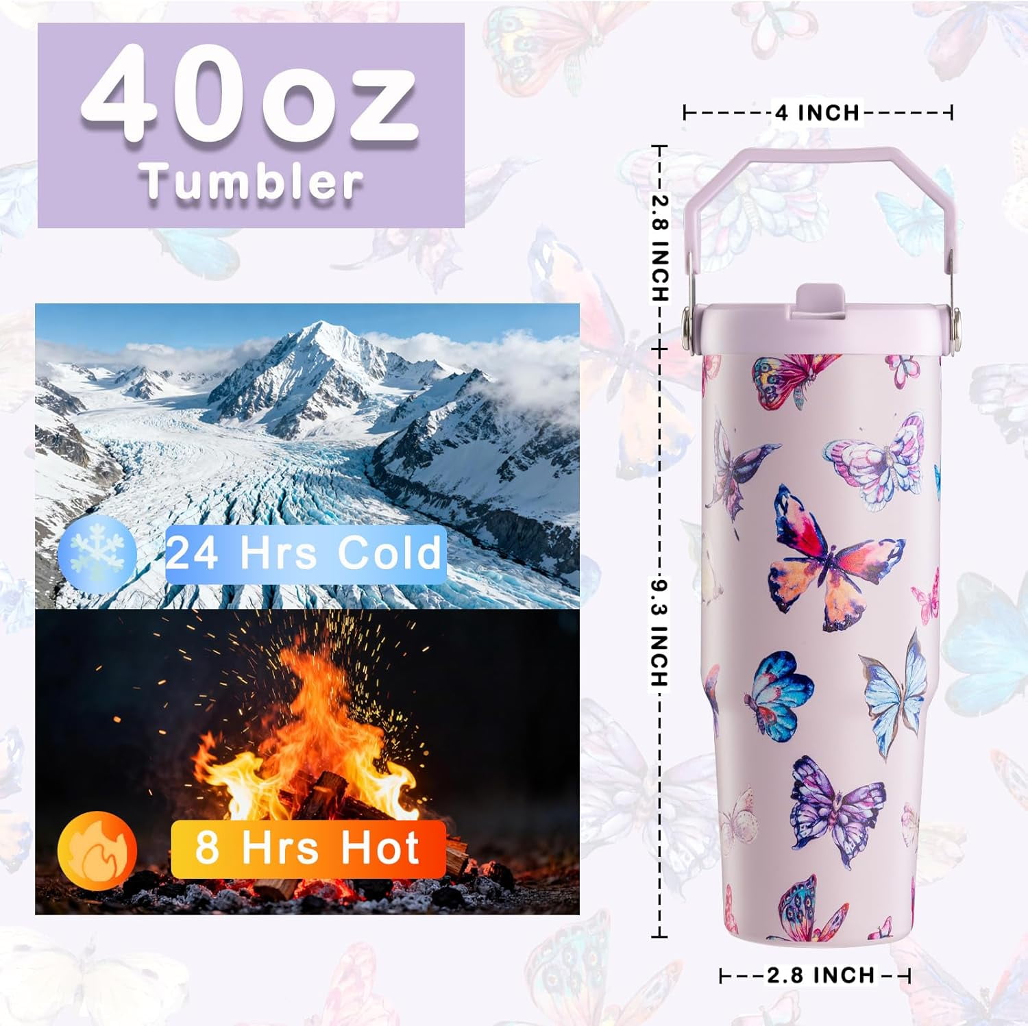 Butterfly Tumbler, Butterfly Gifts for Women 30 oz Tumbler with Handle and Flip Straw Stainless Steel Insulated Cup Travel Mug Water Bottle