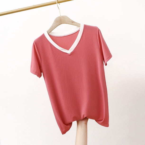 Fiudx Ofertas Flash Artículos En Oferta Camiseta Holgada de Manga Corta de Color Sólido con Cuello En V para Mujer Top/Camisa de Manga Corta con Cuello En V