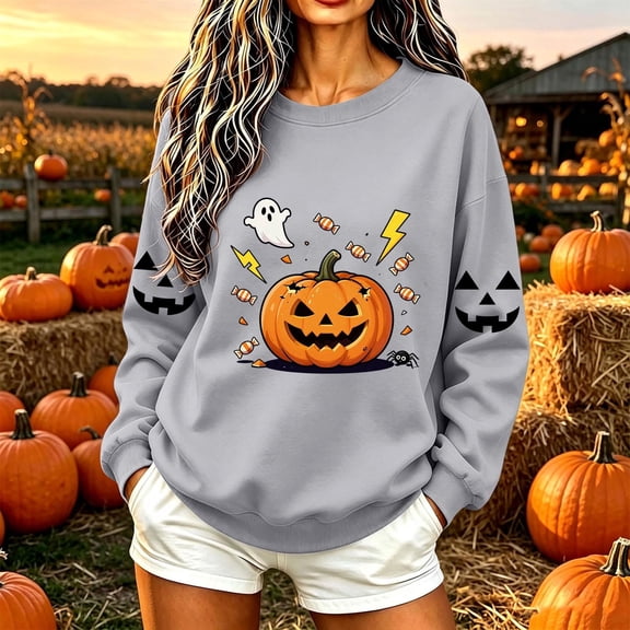 Women's Crewneck Pullover Sweatshirt Halloween Graphic Tops Long Sleeve Casual Fall Shirts Cute Pumpkin Candy Print Loose Fit Activewear for Festivals