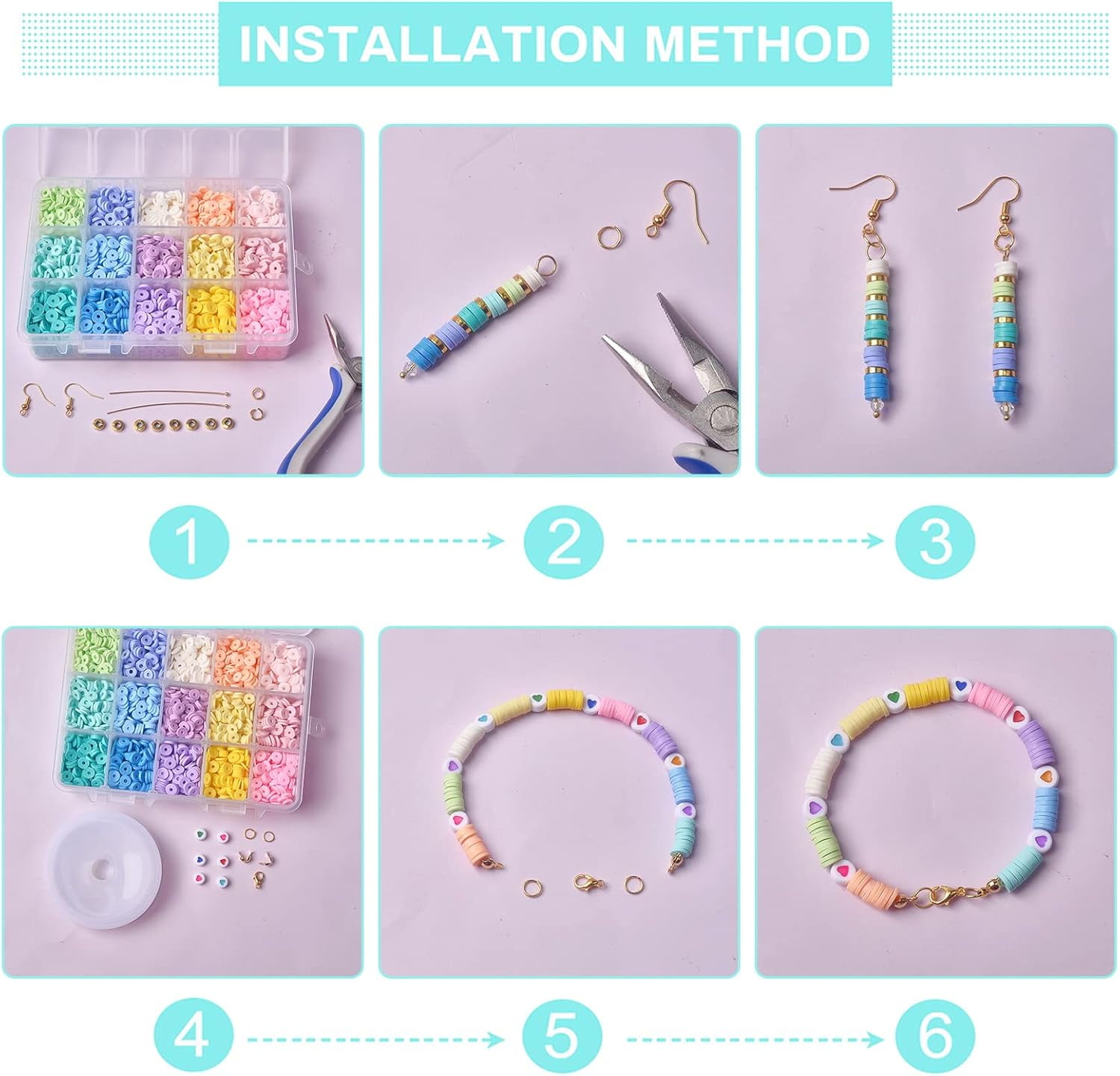 4350 Pcs Polymer Clay Bracelets Kit 15 Colors 6mm Clay Beads 30 Pcs Metal Spacer 50 Pcs Heart Beads 2 Rolls Elastic Thread 20 Pcs Clasps 50 Pcs Jump Rings 2 Pcs Tools for Jewelry Making Multi-color