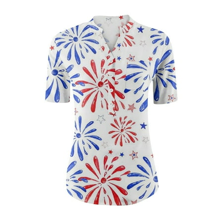 

Alrise 4th of July Shirts for Women Patriotic American Flag Shirt Summer V Neck Short Sleeve Tops with Pockets Blue S