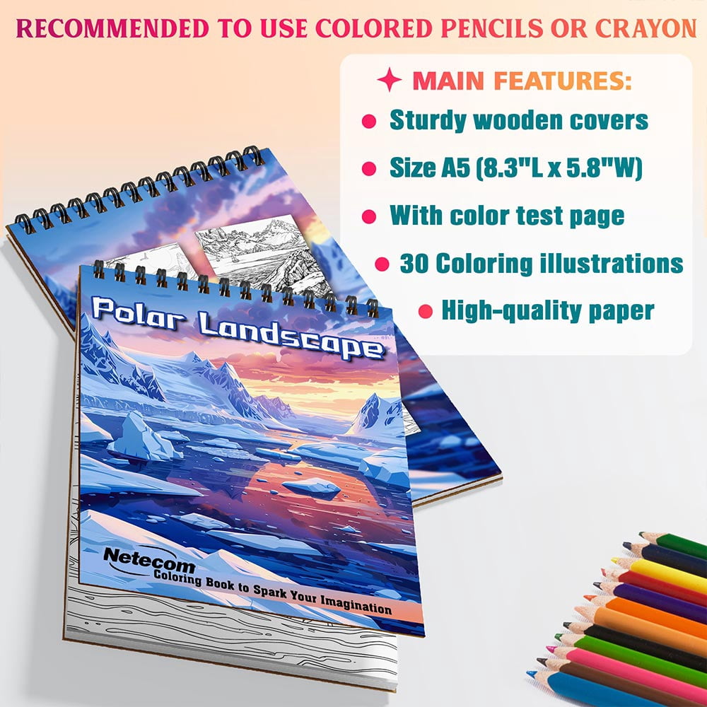 Netecom Polar Landscape Coloring Book for Adults, A5 Wooden Cover, 30 Serene Coloring Pages of Arctic Scenes for Stress Relief and Relaxation, Spiral Bound Edition