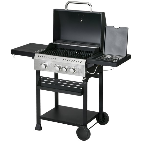 CoSoTower 38,000 BTU Propane Gas Grill BBQ Cart with 3 Main Burners, 1 Side Burner, with Warming Rack, Side Prep Tables, Black