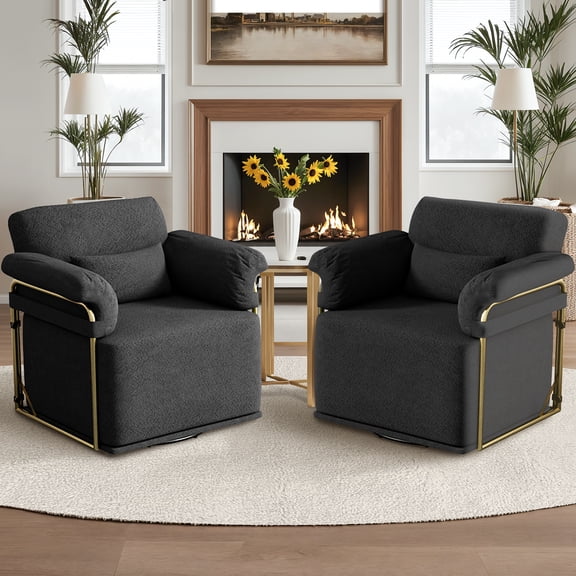 360 Degree Square Swivel Accent Sofa Chair with Gold Metal Legs Beige Set of 2
