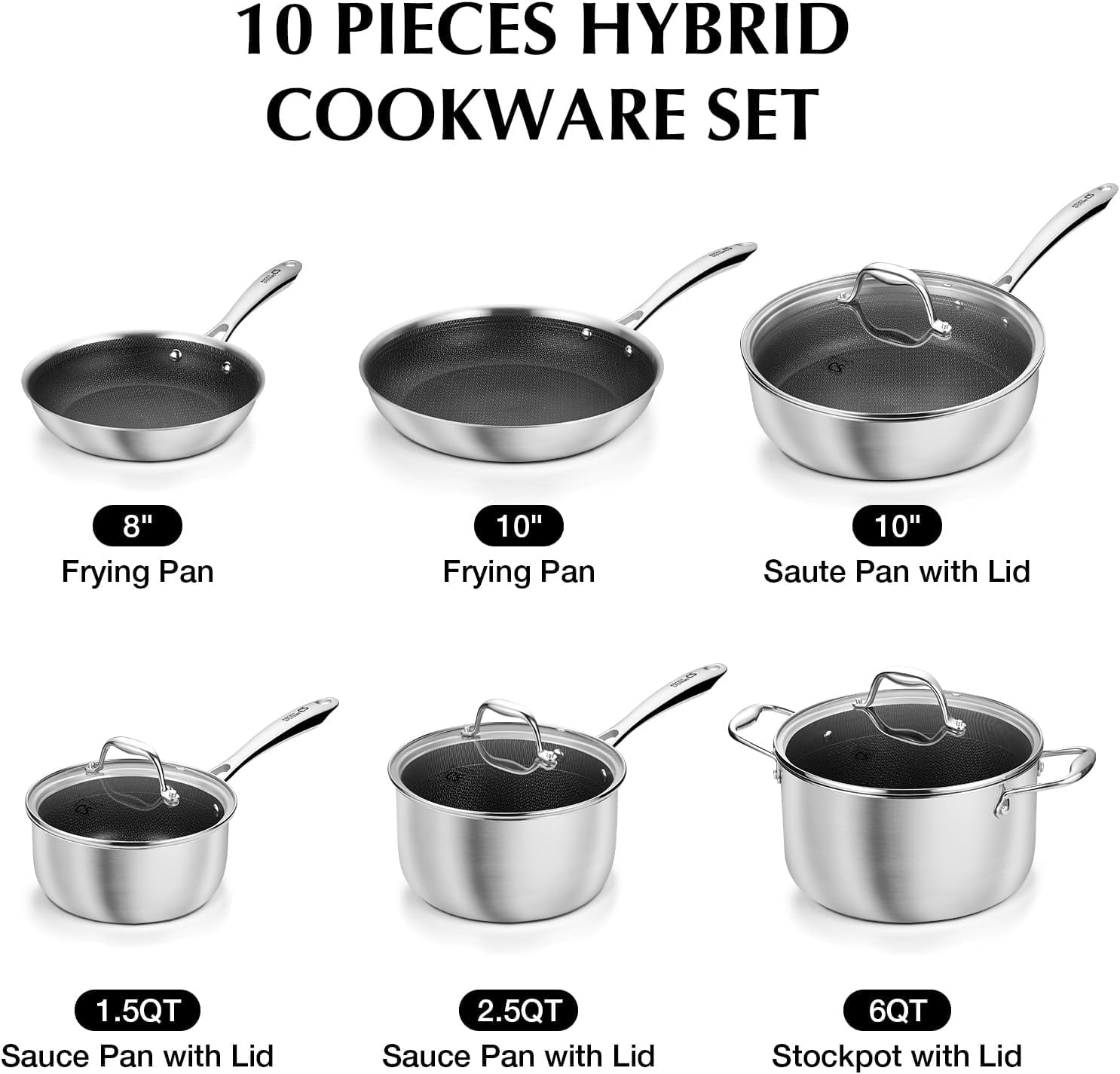 Koch Systeme CS Triply Stainless Steel Cookware Set 10 Piece, Nonstick Hybrid Kitchen Pots and Pans Set with Honeycomb Interior, Induction Compatible