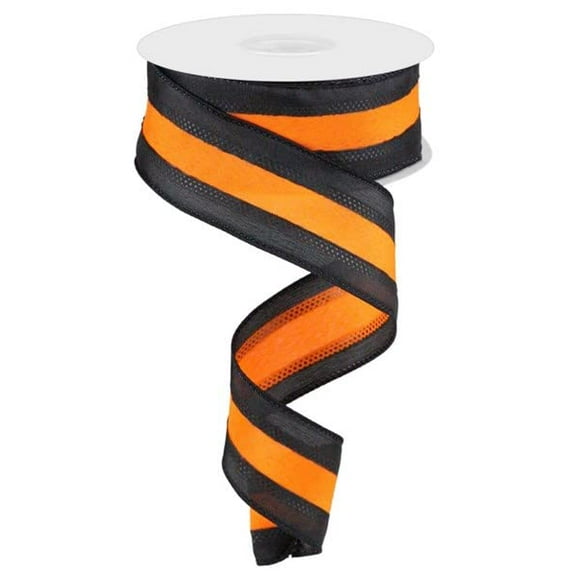 Satin Wired Ribbon, Orange Black Tri Striped - 1.5 Inches x 10 Yards