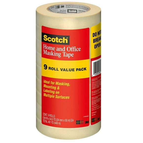 Scotch Masking Tape, .94" x 54.6 yds., 3" Core, Tan, 9 Pack