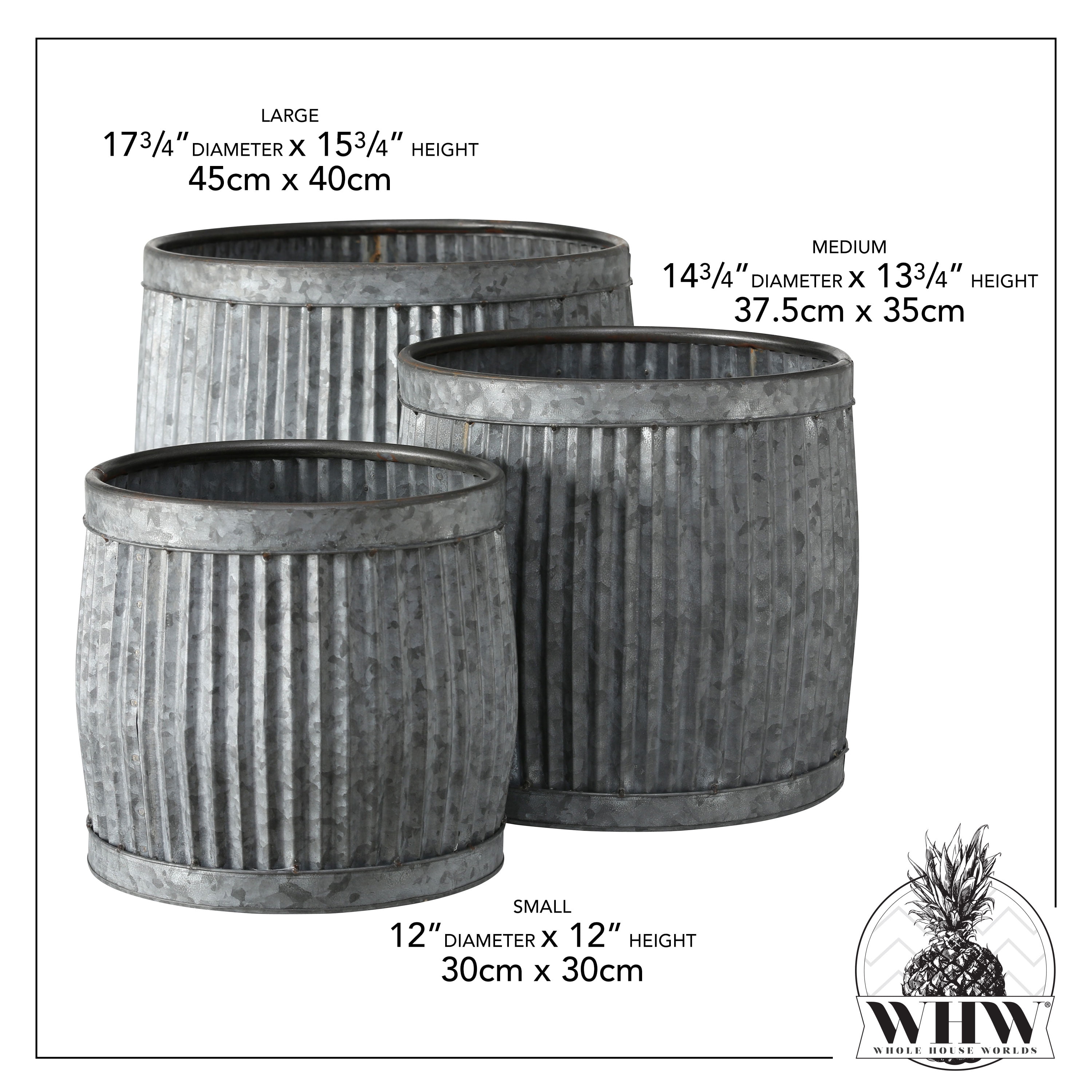 French Country Style Belly Bucket Planters, Set of 3, Galvanized Metal , Corrugated Cache Pots, Rustic Wash Basin, From Over 1 Ft Diameter (17 - 12 Inches)