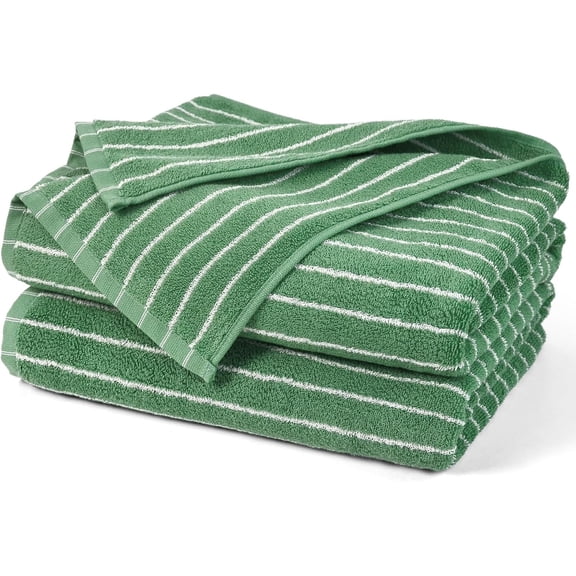 Bath Towels 2 Pack, Lighter & Quick Dry Towels Large 27.5 x 55 inches, | Luxury Terry Cotton Towels for Bathroom Beach Swim, Forest Green & White Striped