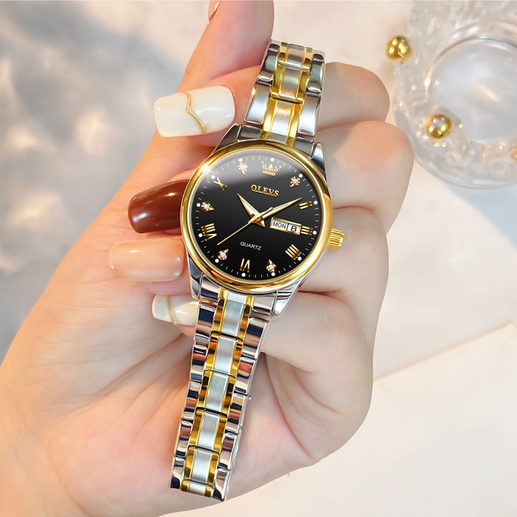 OLEVS Watches for Women Luxury Dress Quartz Analog Casual Gold Plated Stainless Steel Waterproof Luminous Date Fashion Ladies Wrist Watches Gifts Relojes para Mujer