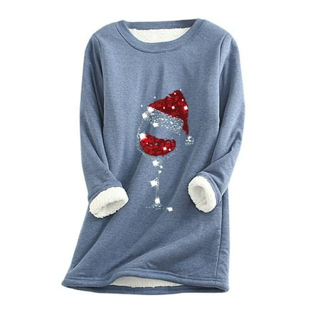 ONXITOM Synchronize new products at the counter trendy graphic plus size long sleeve cotton Tee shirt for Women Thick Fleece Christmas Printed Sweatshirt Winter Warm Underwear Round Neck Blouses Tops