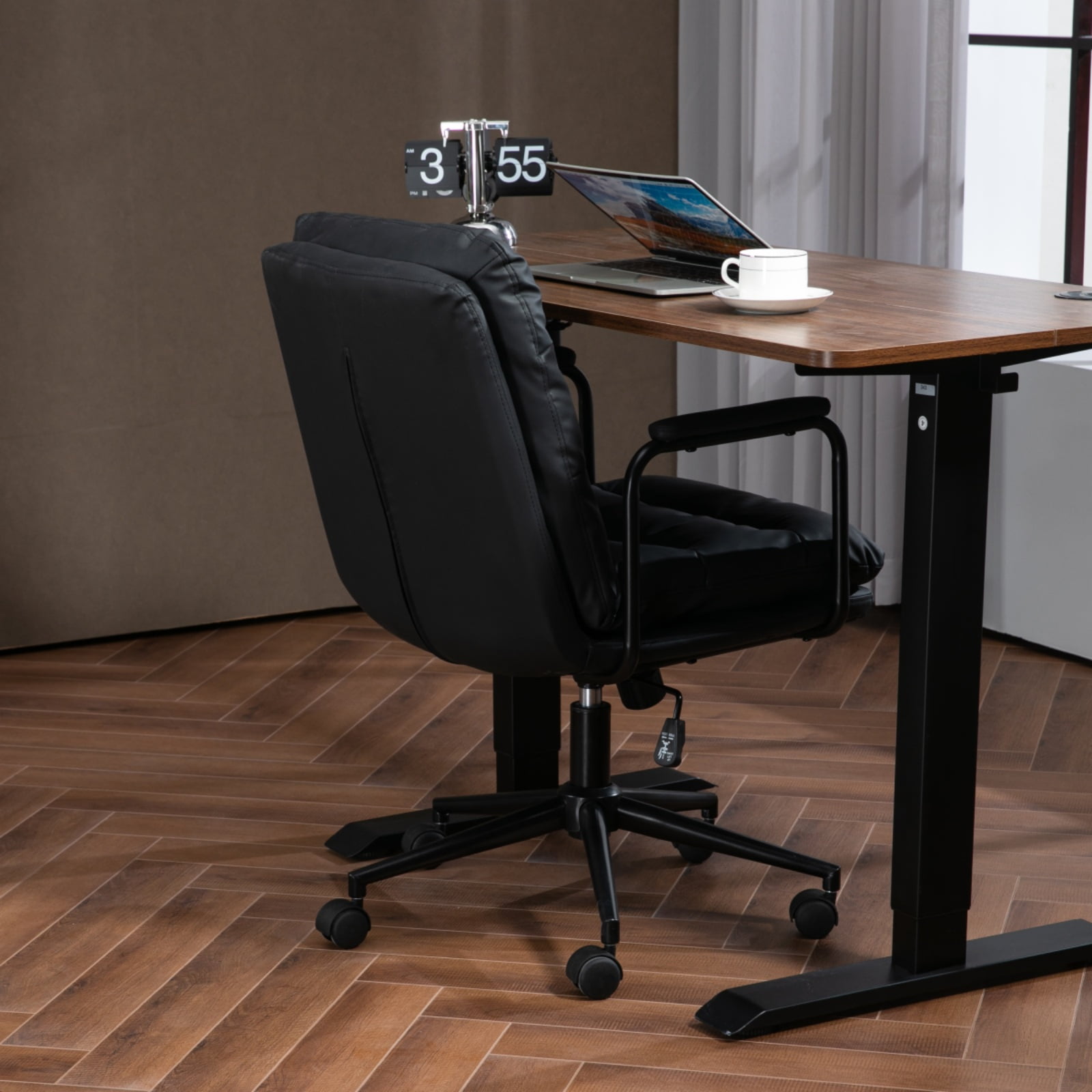 MAYEERTY Mid-Back Office Chair - PU Leather, Ergonomic, Padded Armrests, 40掳 Recline, Rolling Swivel, Black
