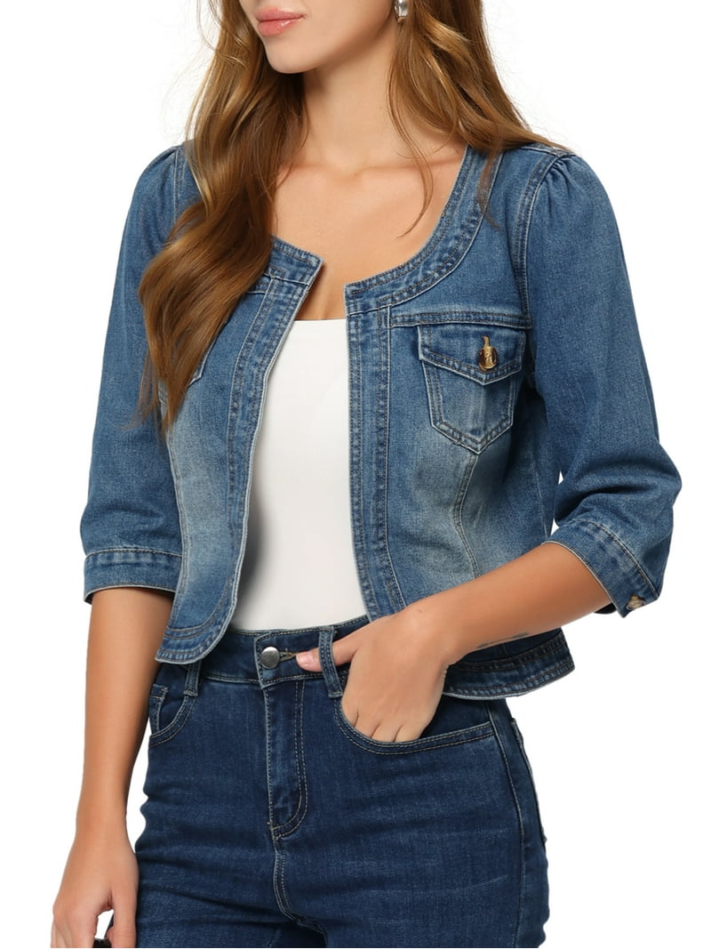 Allegra K Women's Jean Jacket, Collarless Round Neck, 3/4
