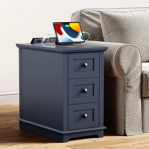 PLAMLE End Table with 3 Drawers for Living Room,Nightstand Sofa Side Table with Charging Station,End Table.