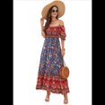 thumbnail image 3 of Vestido Informal, Fluido, con Estampado Floral Bohemio, Hombros Descubiertos, para Mujer (Verano 2025) Fondo Azul XXL, 3 of 10