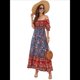thumbnail image 3 of Vestido Informal, Fluido, con Estampado Floral Bohemio, Hombros Descubiertos, para Mujer (Verano 2025) Fondo Azul XXL, 3 of 10