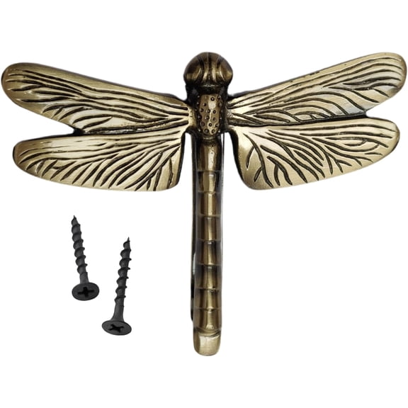Brass Antique Finish Dragonfly Door Knocker – Unique Decorative Front Door Hardware for Wooden House, Garden, Farmhouse – 6" Wide x 4.5" Long Vintage Home Décor Accessory