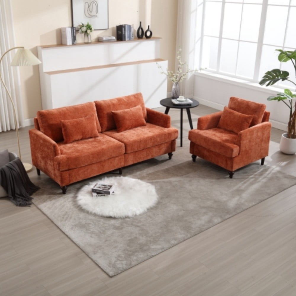 Accent Chair, Mid Century Modern Chenille Armchair with Tufted Back, Studded Solid Wood Frame, Upholstered Lounge Chair for Living Room, Bedroom, Dark Orange