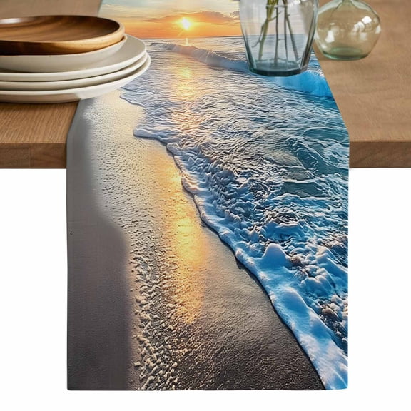 Sunset Beach Table Runner, Spray Ocean Waves Sky Nature Scenery Washable Cotton Linen Table Runners 36 Inches Long, Dresser Scarf Runner for Nightstand/End Tables/Round Tables 13''x36''