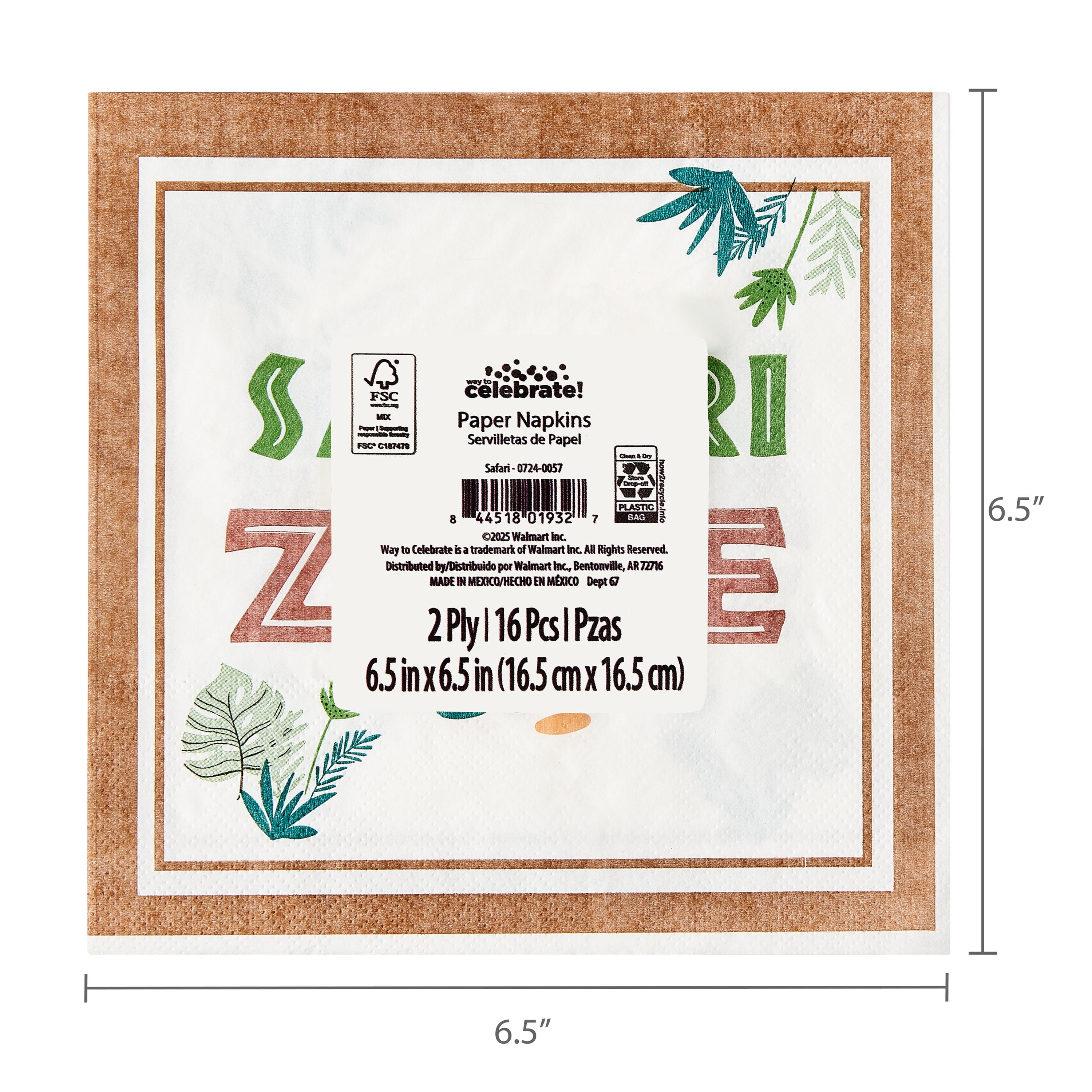 6.5" x 6.5" Disposable Multicolor Safari Zone Paper Napkins, 16 Count, by Way To Celebrate