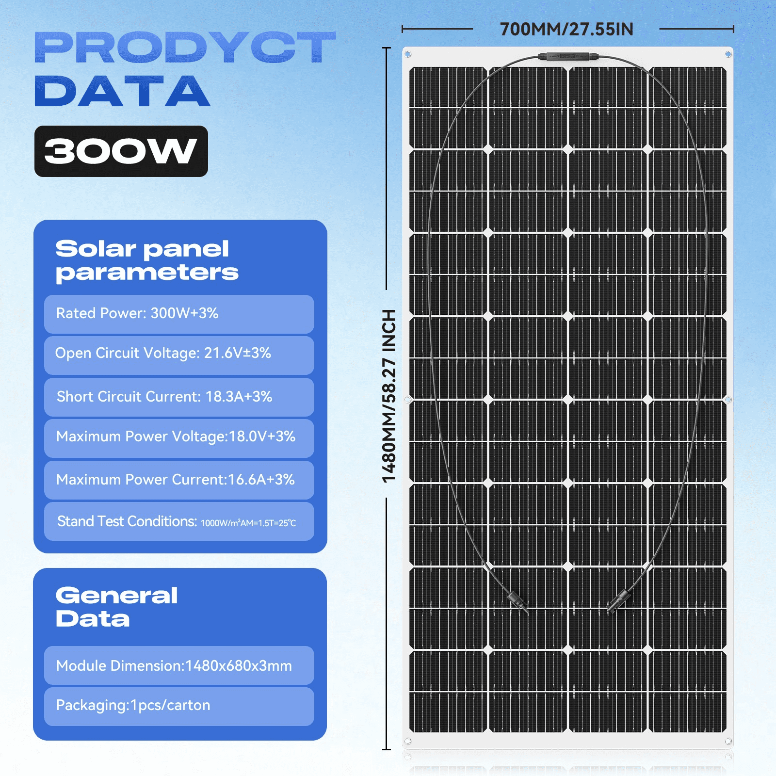 WERCHTAY  300W Flexible Solar Panel Mono 12V Portable Monocrystalline PV Module 23% High-Efficiency, Camping Home RV Battery Charge