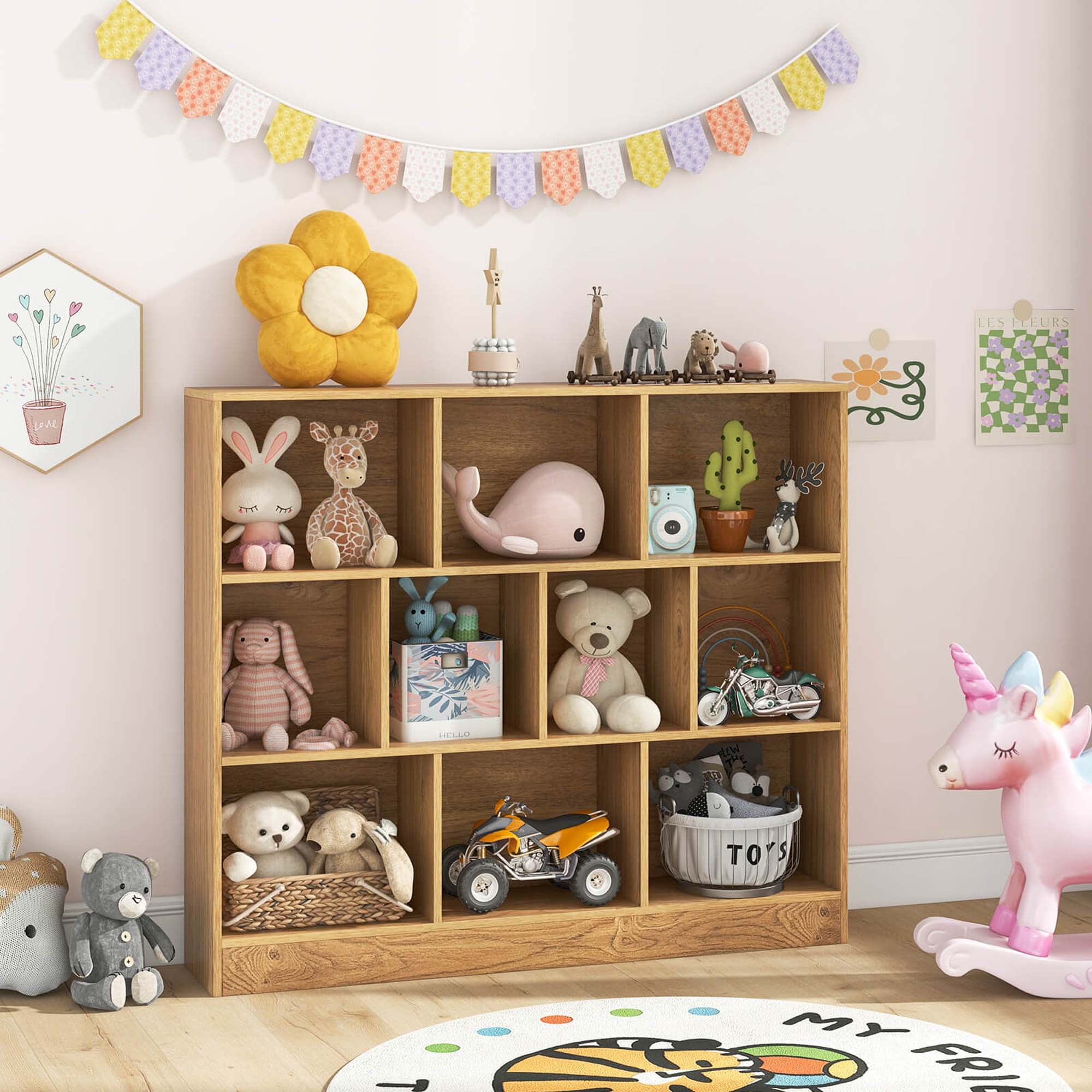 Costway 10-Cube Bookcase for Kids 41"Wooden Toy Storage Organizer for Kid’s Room Natural