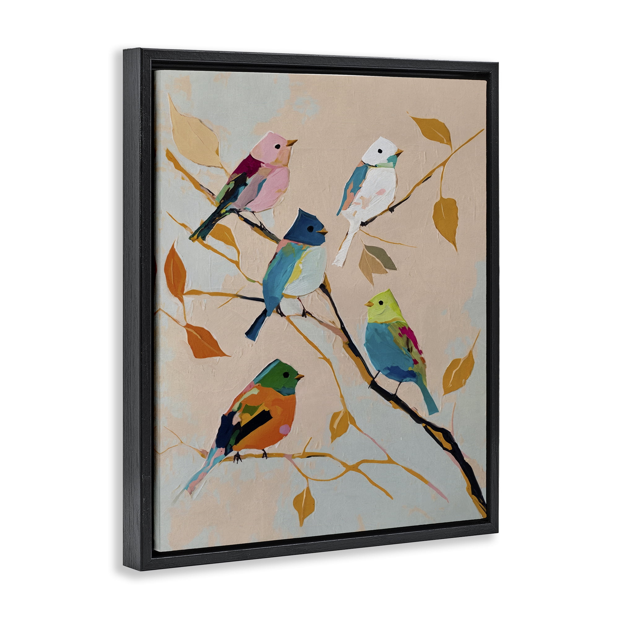 Stupell Industries Parakeets on Fall Branch Animals Painting Black Floater Framed Canvas Art Print Wall Art, 25 x 31