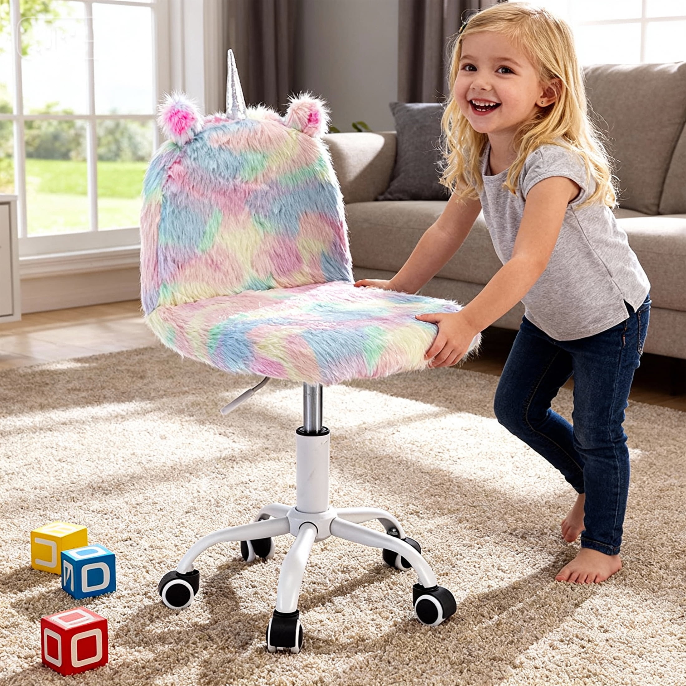 Guyou Cute Fuzzy Kids Chair, Faux Fur Rolling Swivel Children Desk Chair, Adjustable Student Task Chair Vanity Chair with Unicorn Shaped Back for Bedroom Living Room Study Room Kids Room , Colorful