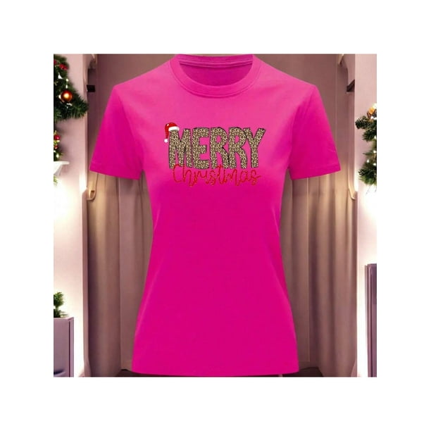 Playera Blusa Con Estampado Merry Christmas Estilo Animal Print Ropa Para Mujer Color Fucsia Talla Chica Marca Emil SaEs