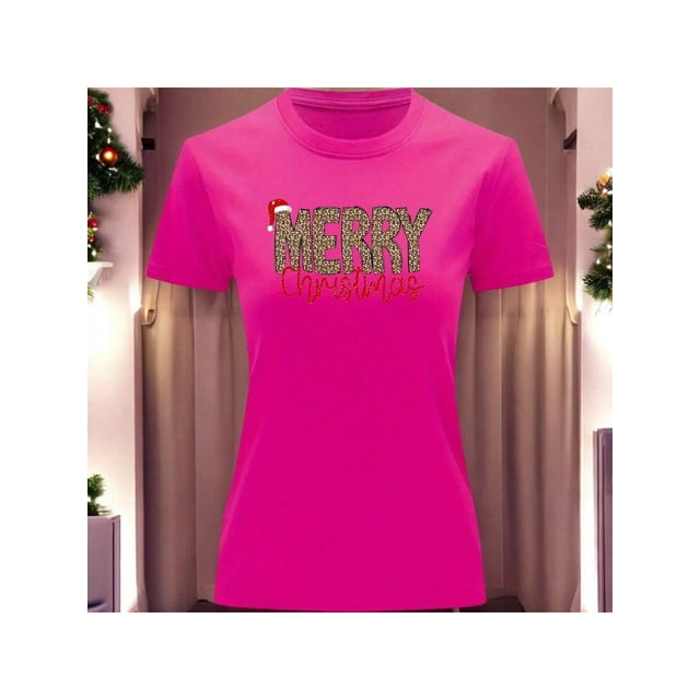 Playera Blusa Con Estampado Merry Christmas Estilo Animal Print Ropa Para Mujer Color Fucsia Talla Mediana Marca Emil SaEs
