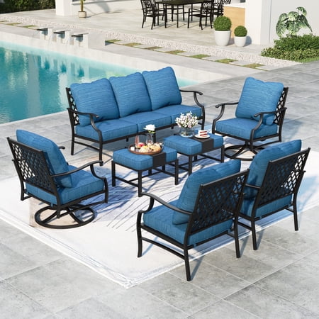 MF Studio 9-Seater Patio Conversation Set Metal Outdoor Furniture Set with Swivel Chairs and Ottomans - Peacock Blue