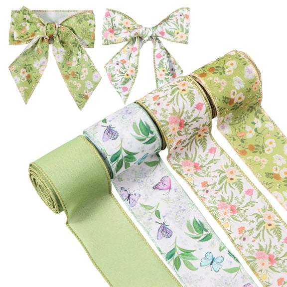 Ikoopy 4 Pcs Wired Edge Ribbon Decorative Patterned Wired Ribbon for Wreath Bow Making DIY Crafts Wrapping Party 4 Rolls 21.2 Yard