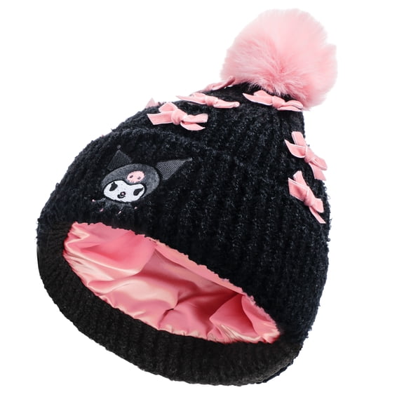 Kuromi Pearls Adult Black Cuffed Knit Beanie With Pink Pom