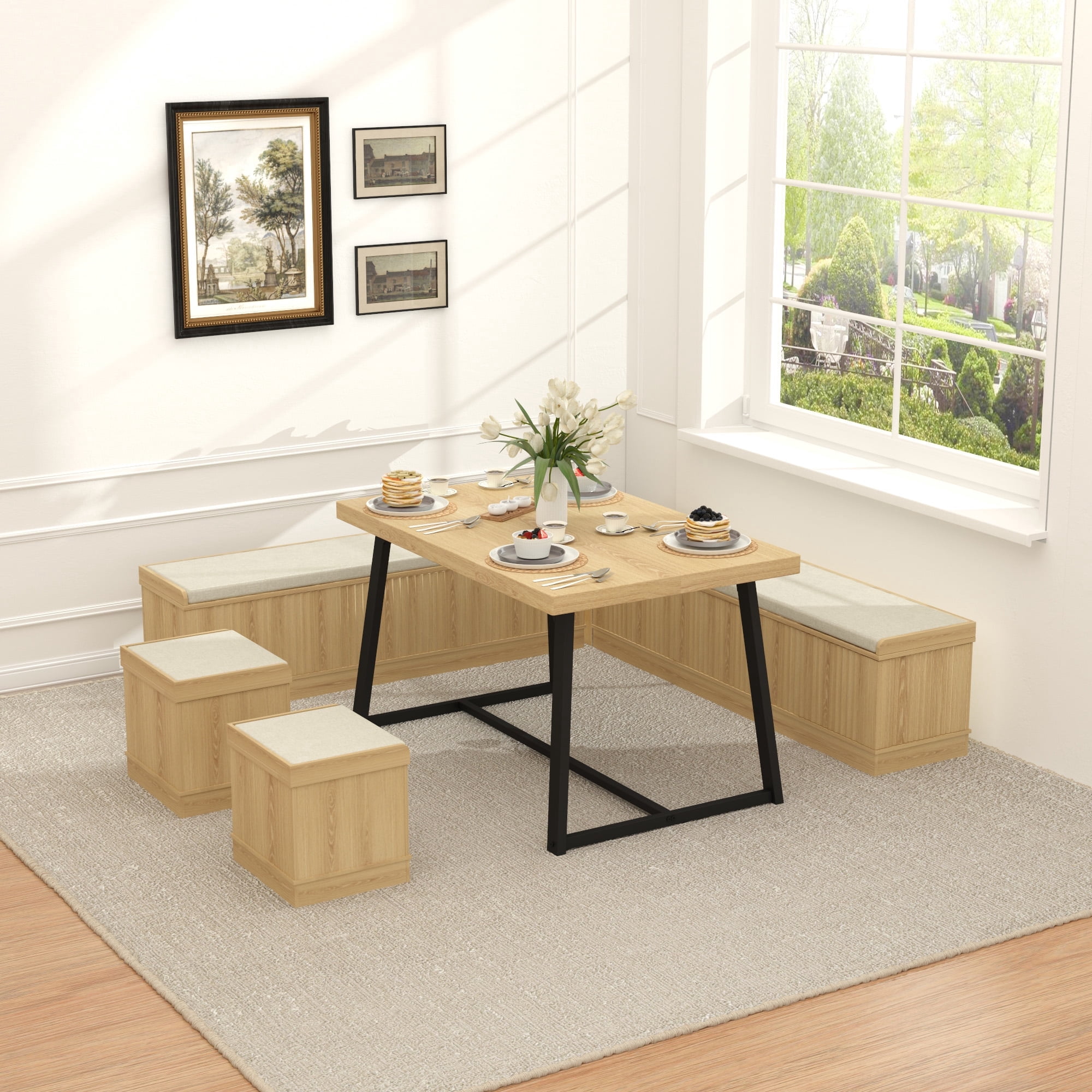 Brafabhome 6 PCS Dining Table Set with Storage Bench, Modern Corner Breakfast Nook with Cushions Stool for 6, Suitable for Kitchen and Dining Room | Nature