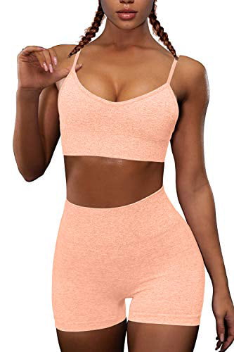 OQQ Womens Yoga Gym Outfit Seamless 2 Piece Workout Racerback Padded Sports Bra Top Leggings Set