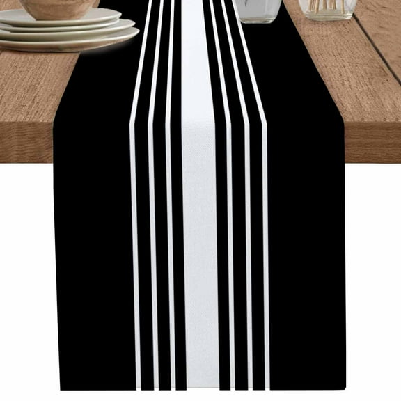 Modern Black White Striped Table Runner-70 Inch Long Abstract Minimalist Art Table Runners Linen Burlap Tablerunner for Kitchen Dining Room Holiday Party