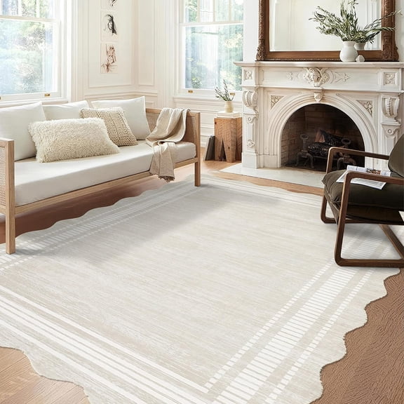 Scalloped Area Rug 5x7 Washable Modern Low Pile Carpet Non Slip Soft Polyester Rug for Living Room Bedroom Office Entryway Dining Room,Cream