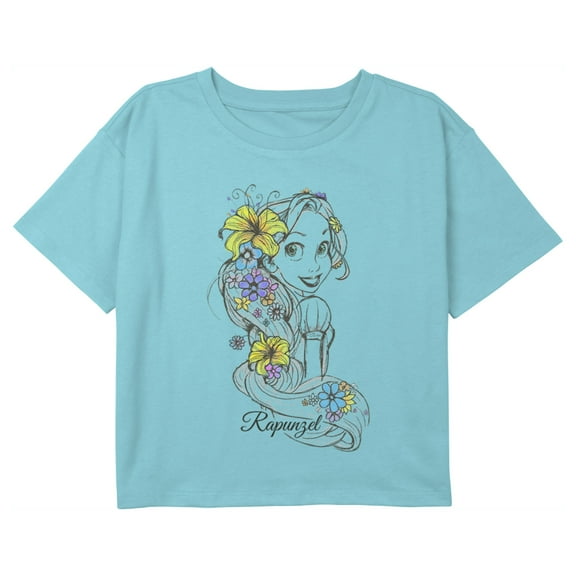Girl's Tangled Flower Sketch Portrait Graphic Cropped T-Shirt Blue X Large