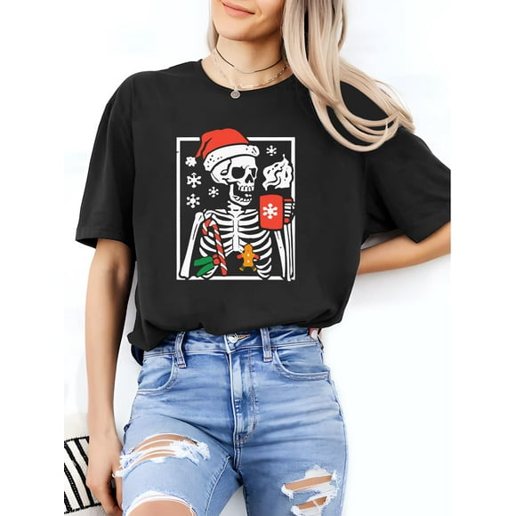 Women's Christmas Skeleton Hot Chocolate Graphic T-Shirt, Geometric Pattern Knit Fabric, All-Season Fashionable Loose Fit TeeFather's Day, Mother's Day, New Year, Spring Festival, Valentine's Day, I
